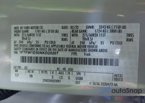 2022 Ford F-150 Lariat from USA, damaged, VIN 1FTFW1E50NKD20207